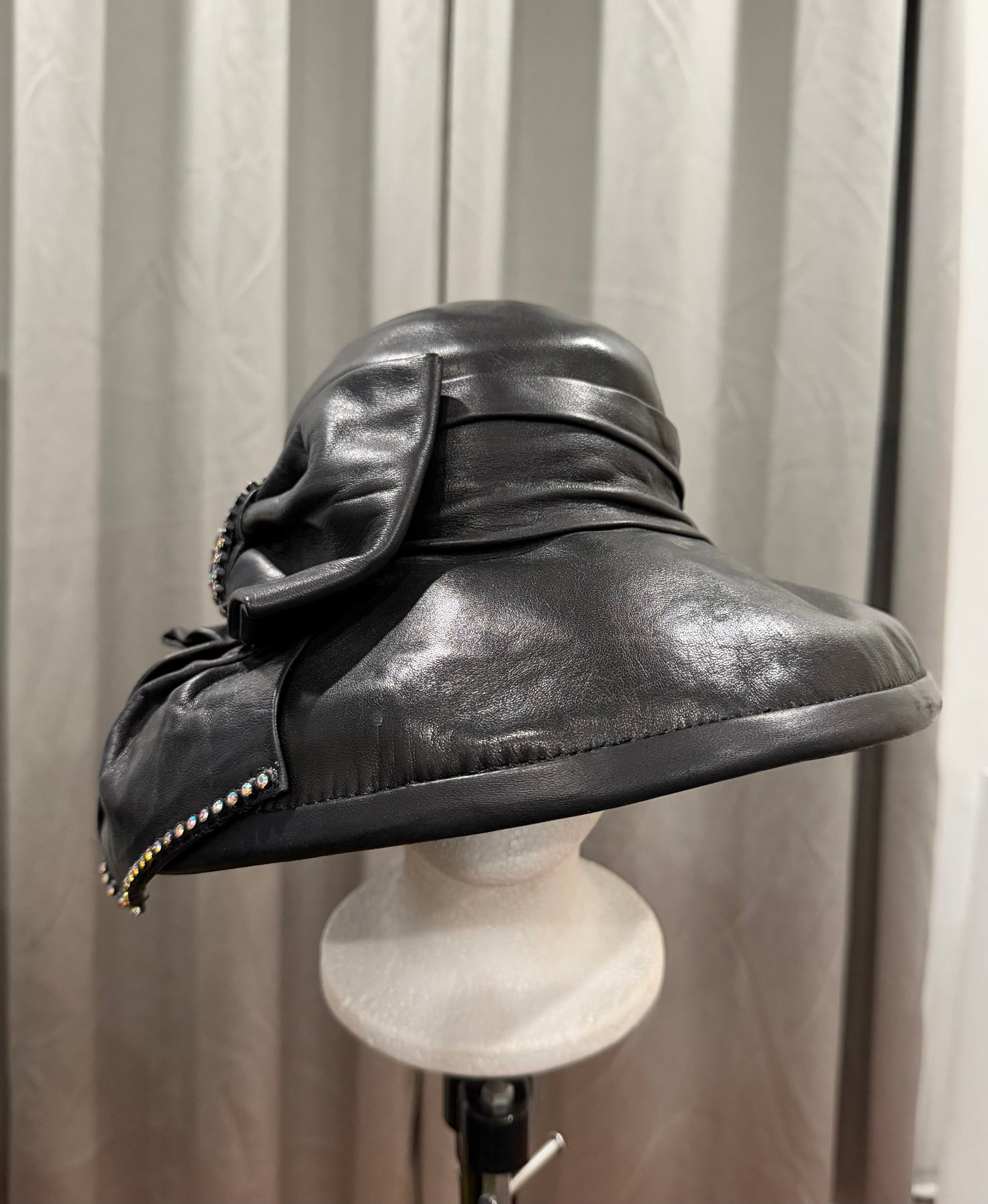 Black Leather Hat with Bow and Rhinestone Accent