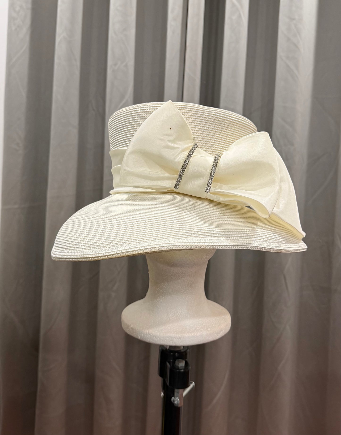 Leather Hat with Bow and Rhinestone Accents