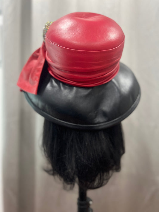 Red & Black Leather Wide Brim Hat