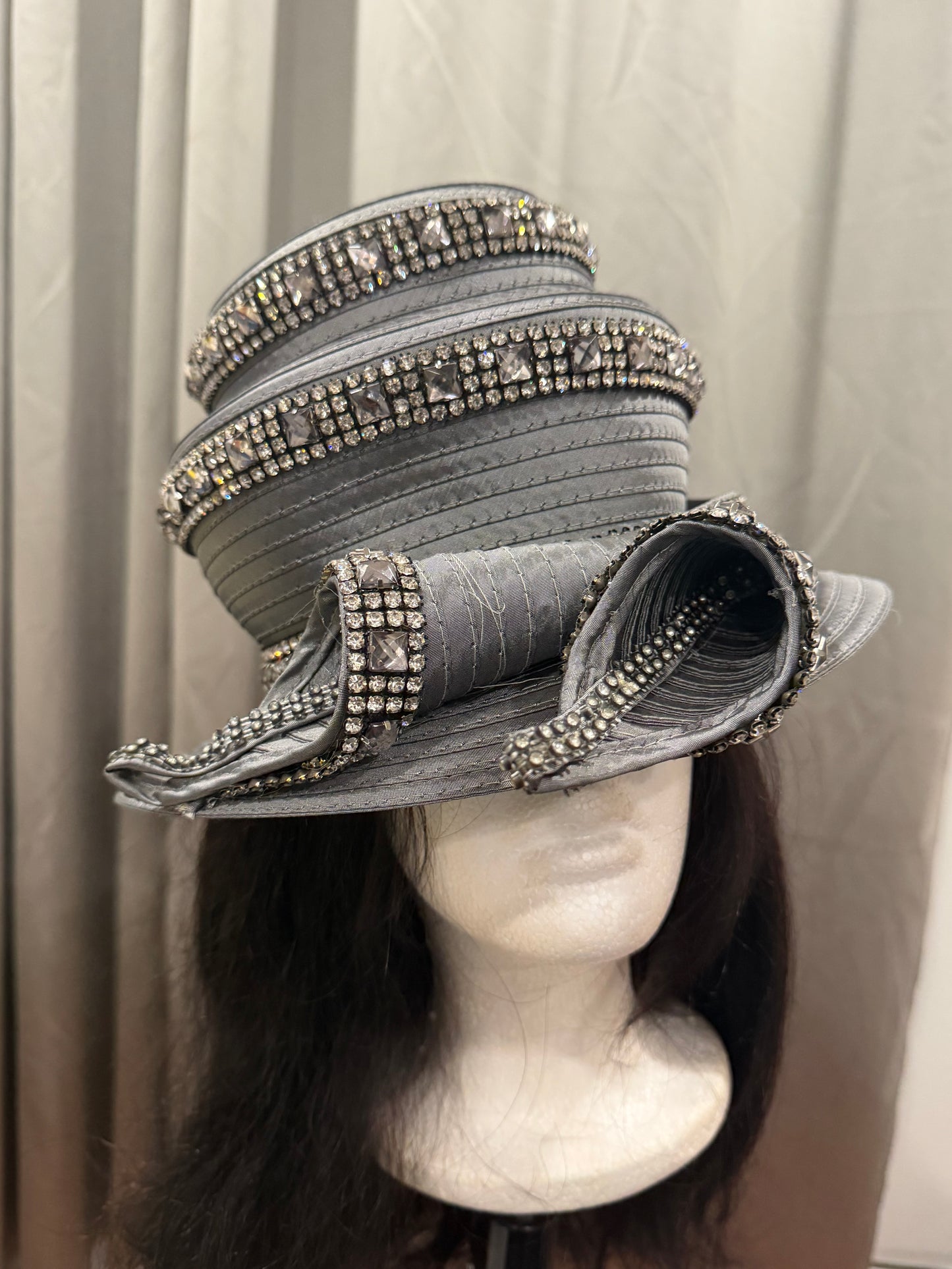 Gray Decorative Hat with Rhinestones