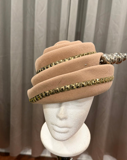 Tan Velvet Hat with Gold Lines
