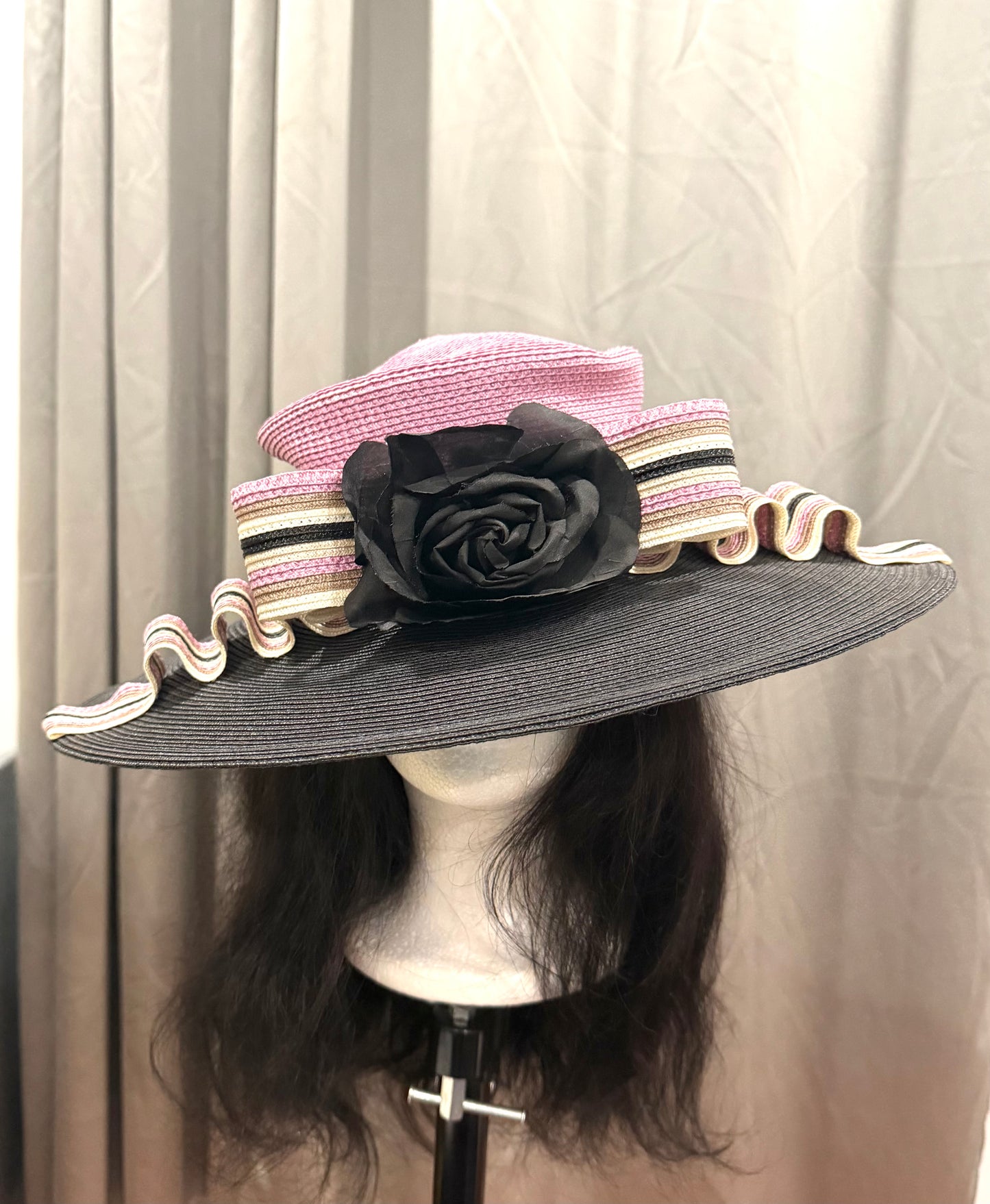 Black and Pink Hat with Decorative Pink and Striped Band