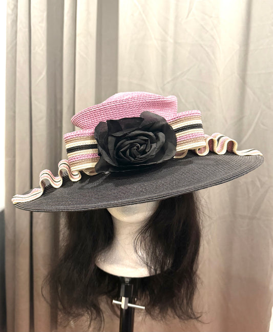 Black and Pink Hat with Decorative Pink and Striped Band