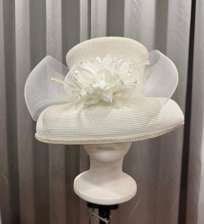 Stunning White Hat with Bow and Flower