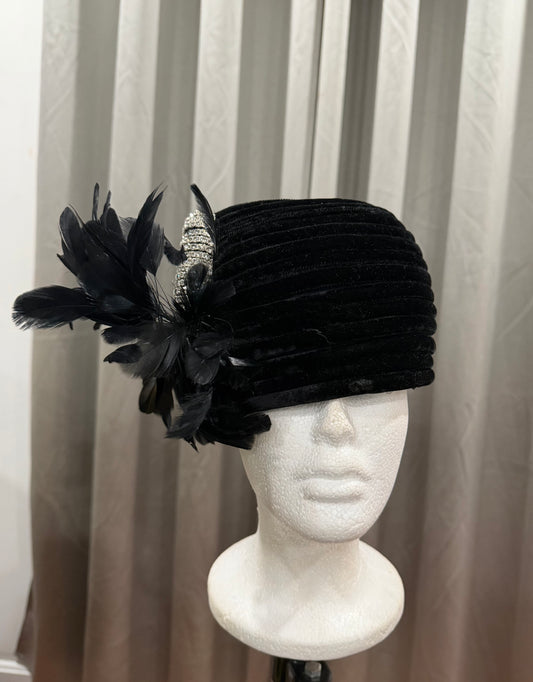 Black Velvet Hat with Feather Accent