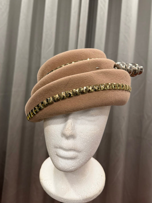 Tan Velvet Hat with Gold Lines