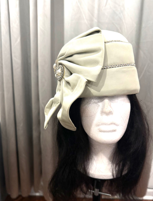 White Leather Hat with Bow on Side