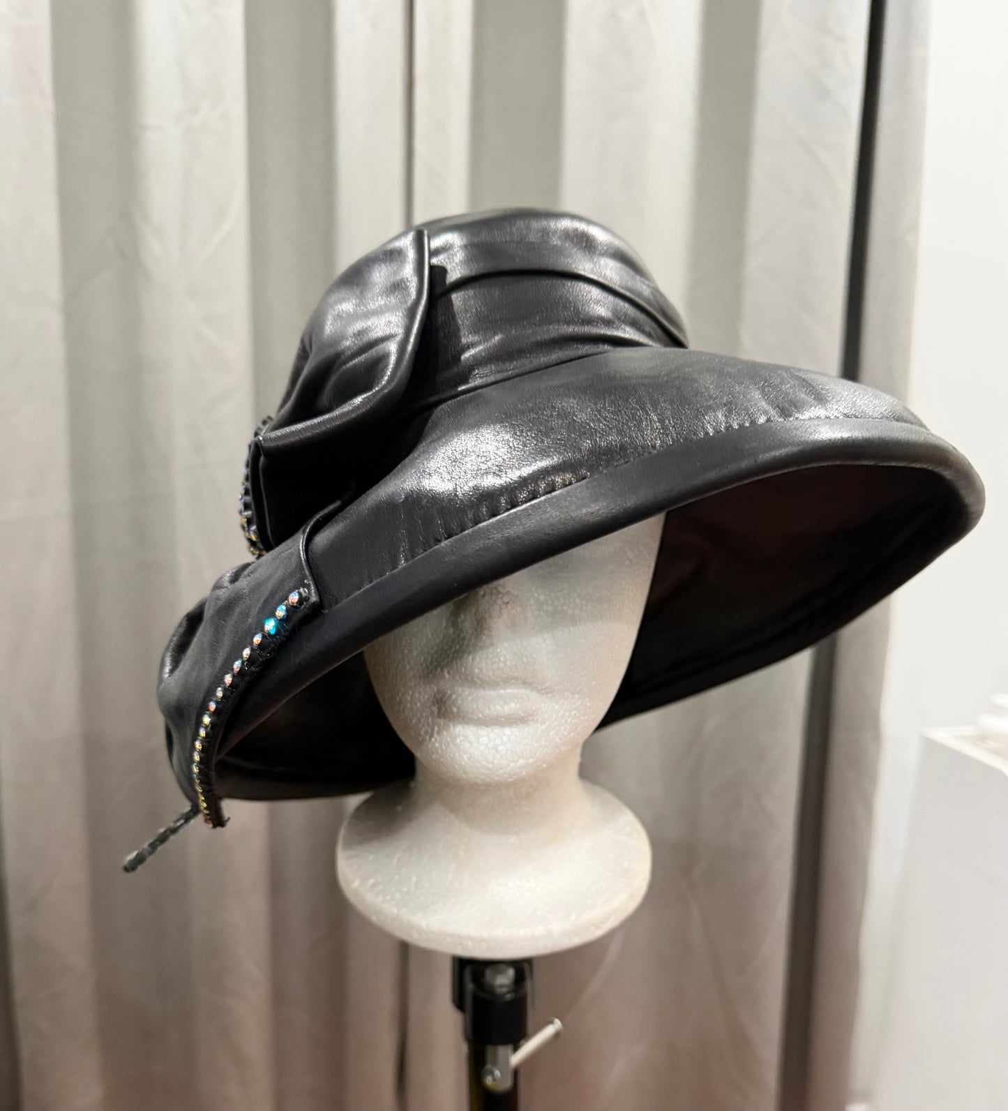 Black Leather Hat with Bow and Rhinestone Accent