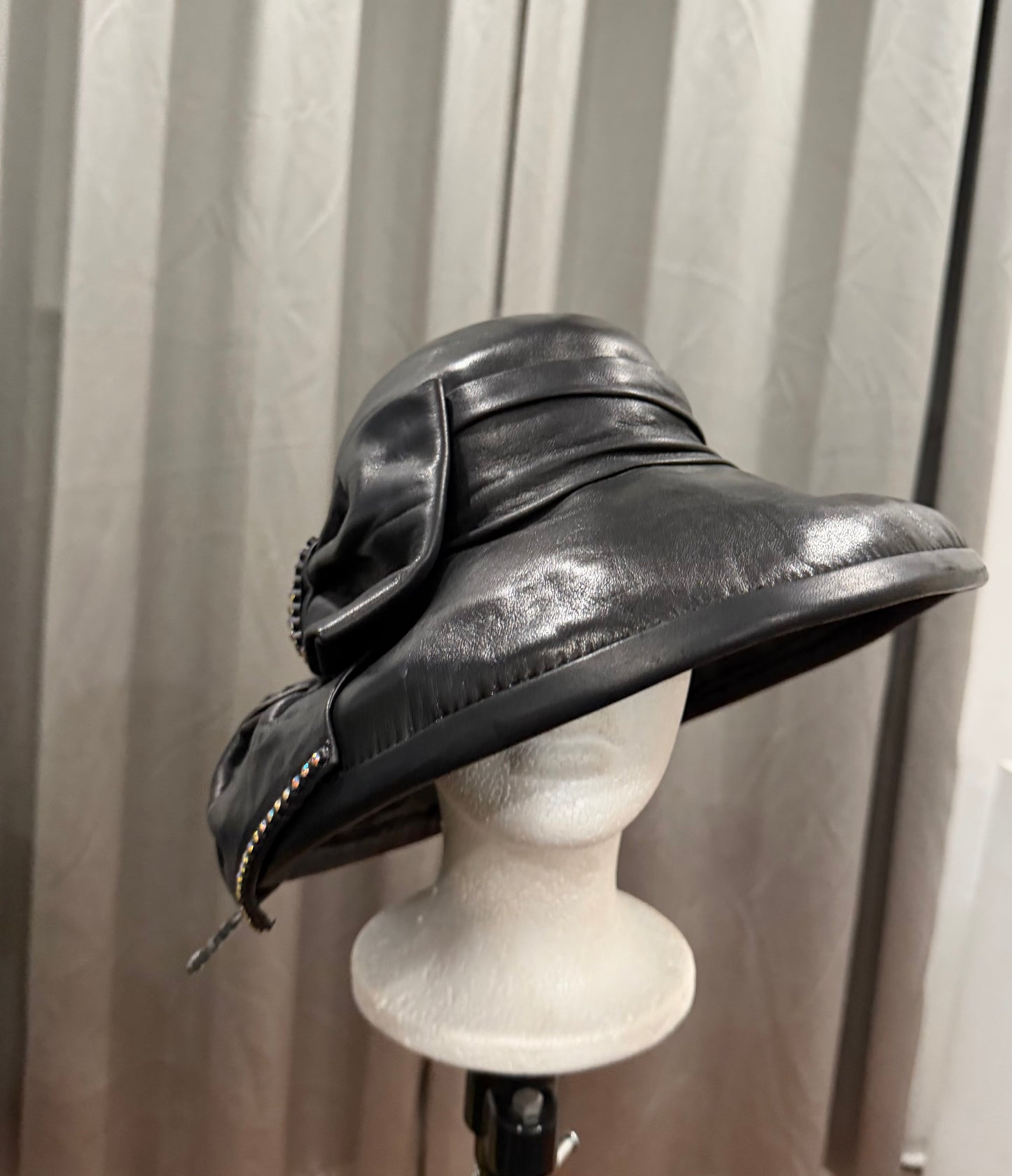 Black Leather Hat with Bow and Rhinestone Accent
