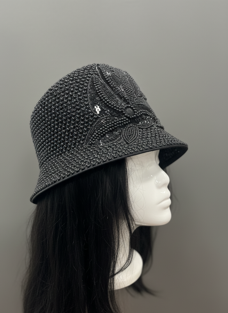 Black Flower Beaded Hat
