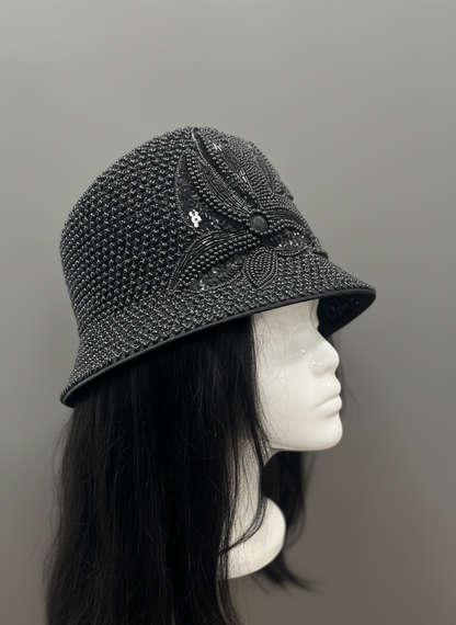 Black Flower Beaded Hat