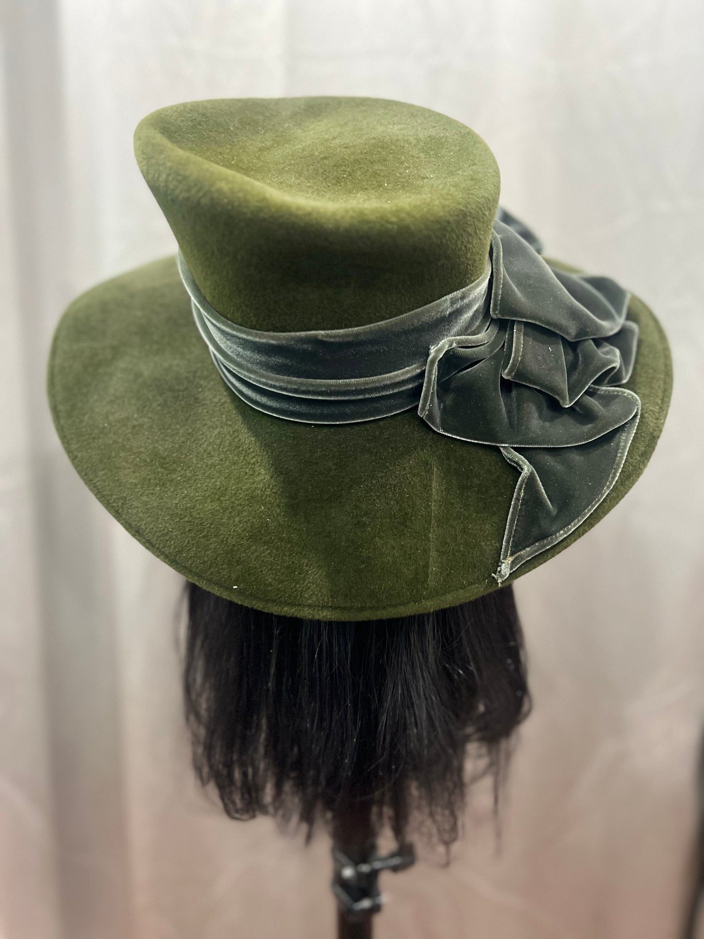Velvet Olive Green Hat with Bow