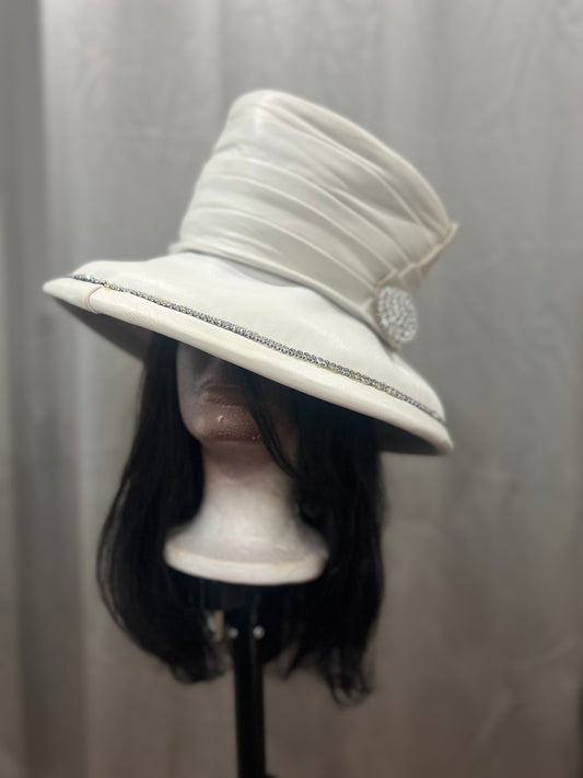 White Leather Wide Brim Hat