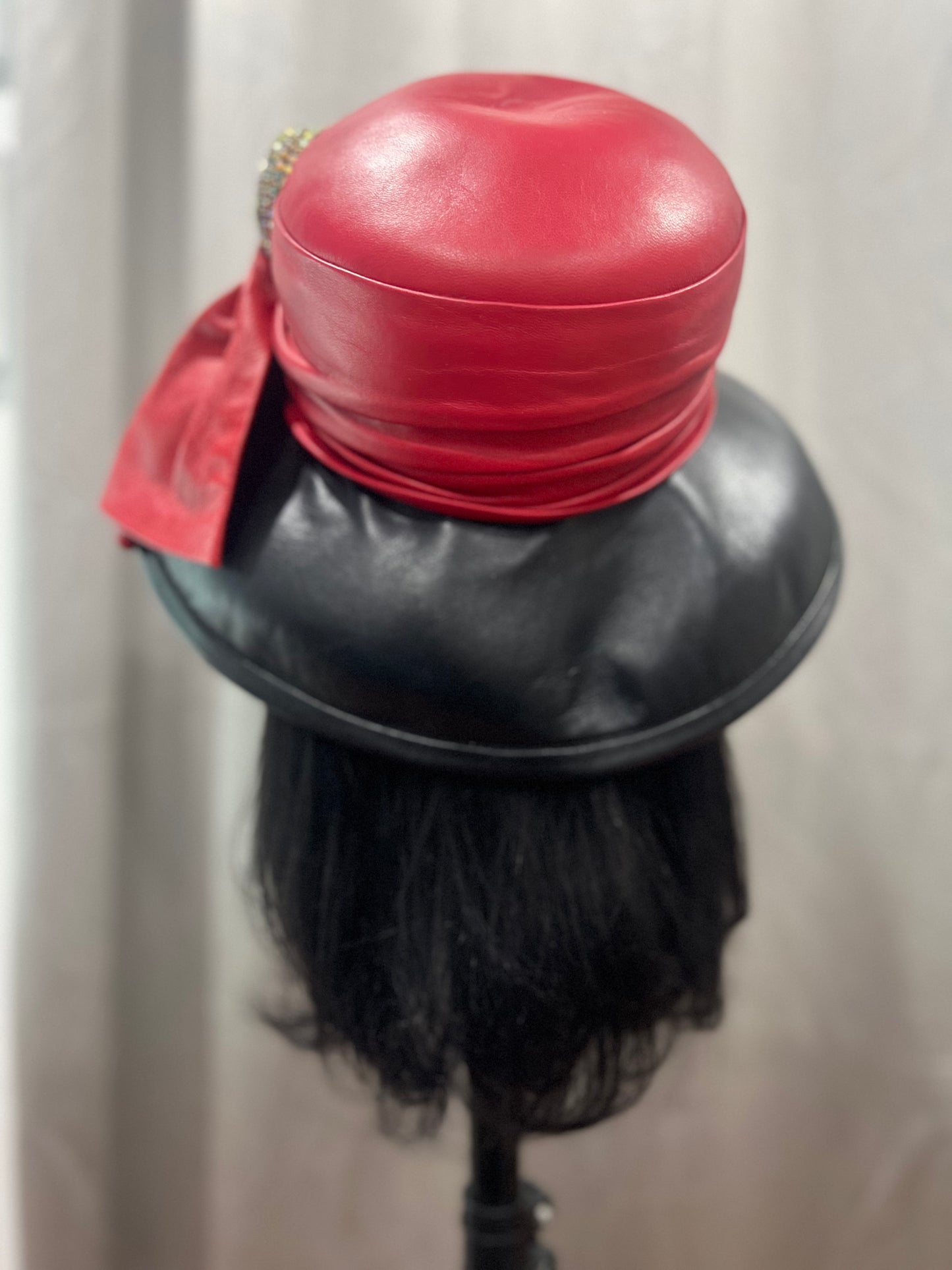 Red & Black Leather Wide Brim Hat