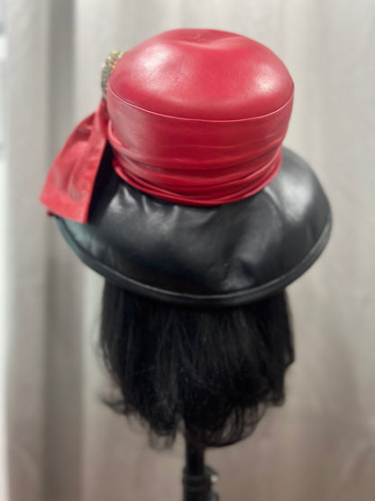 Red & Black Leather Wide Brim Hat