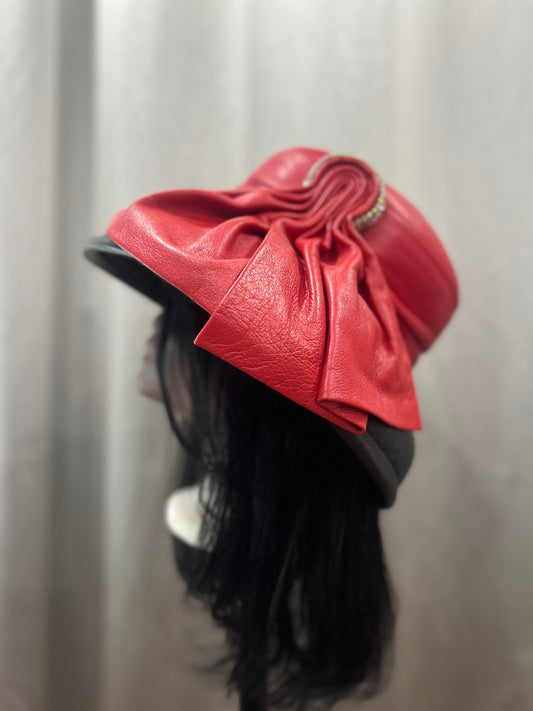 Red & Black Leather Wide Brim Hat