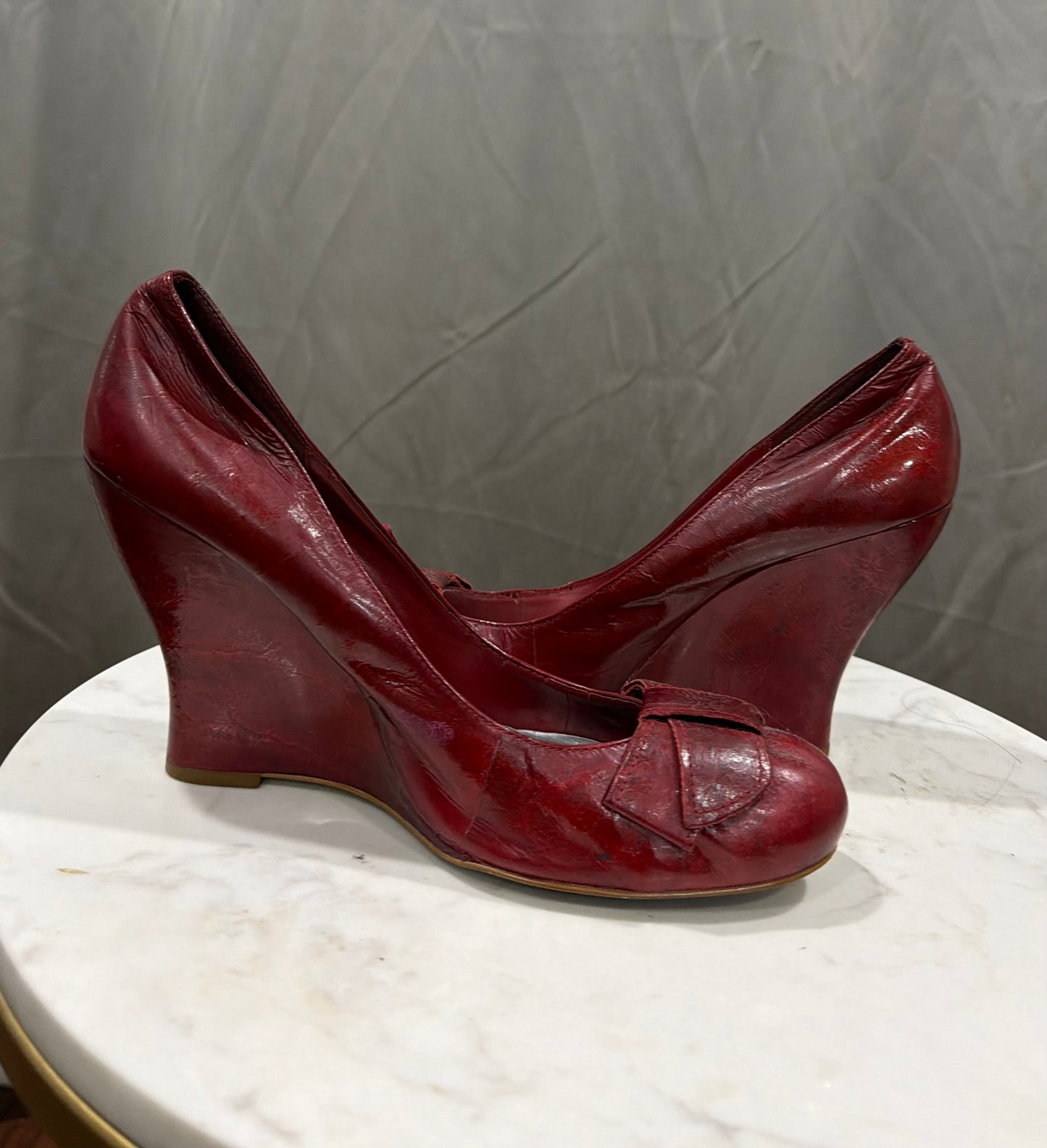 Red Crushed Leather Wedge High Heel