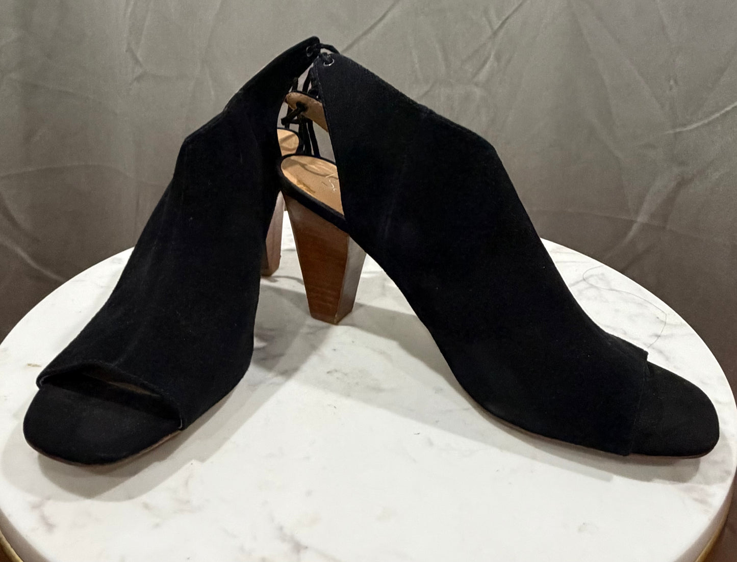 Black Suede Open-Toe Wood Block Heels